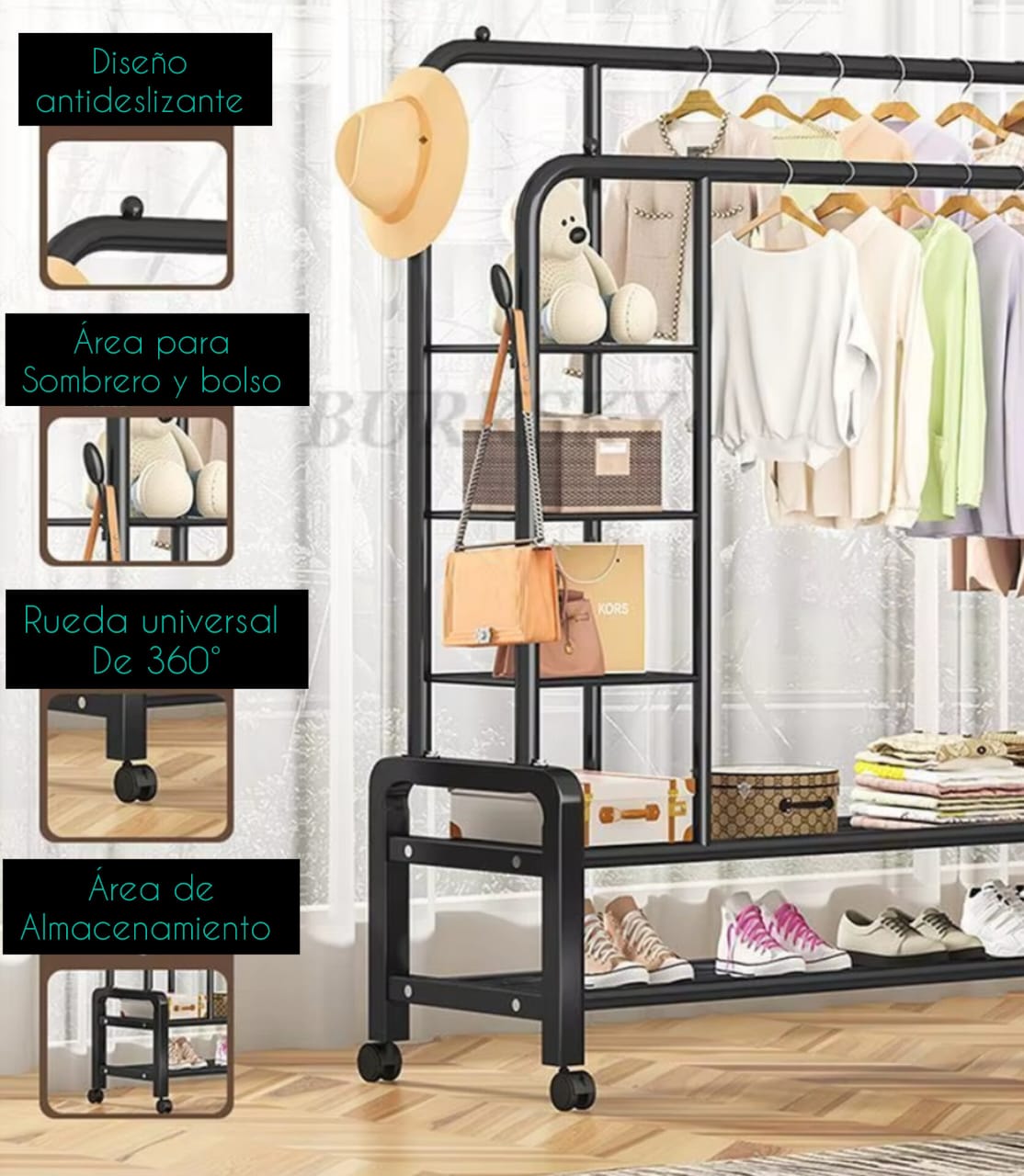 PERCHERO 3 EN 1 DOBLE BARRA CON RUEDAS