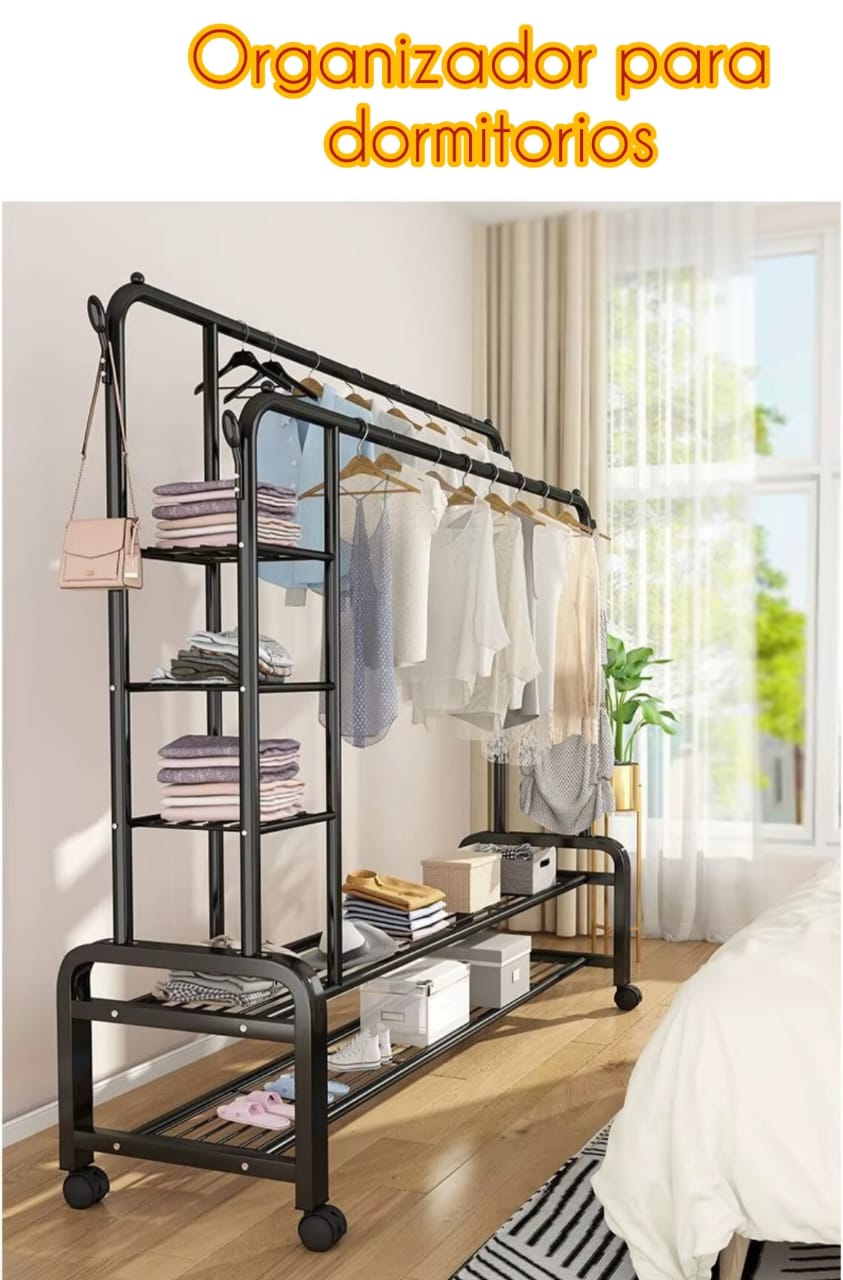 PERCHERO 3 EN 1 DOBLE BARRA CON RUEDAS