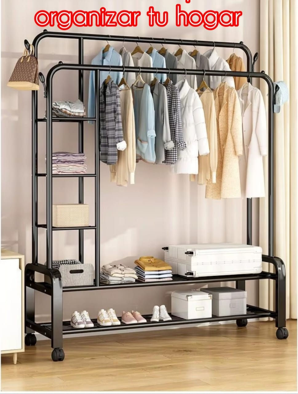 PERCHERO 3 EN 1 DOBLE BARRA CON RUEDAS