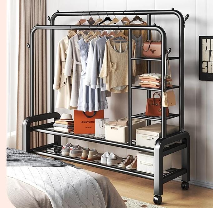 PERCHERO 3 EN 1 DOBLE BARRA CON RUEDAS