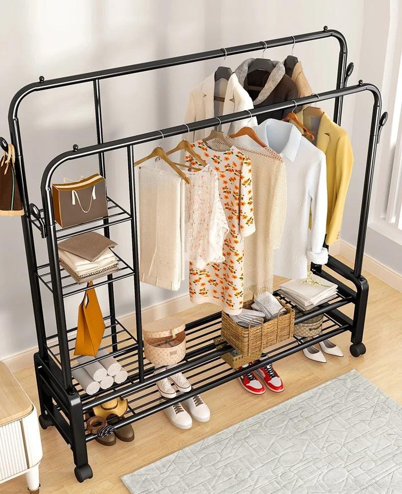 PERCHERO 3 EN 1 DOBLE BARRA CON RUEDAS